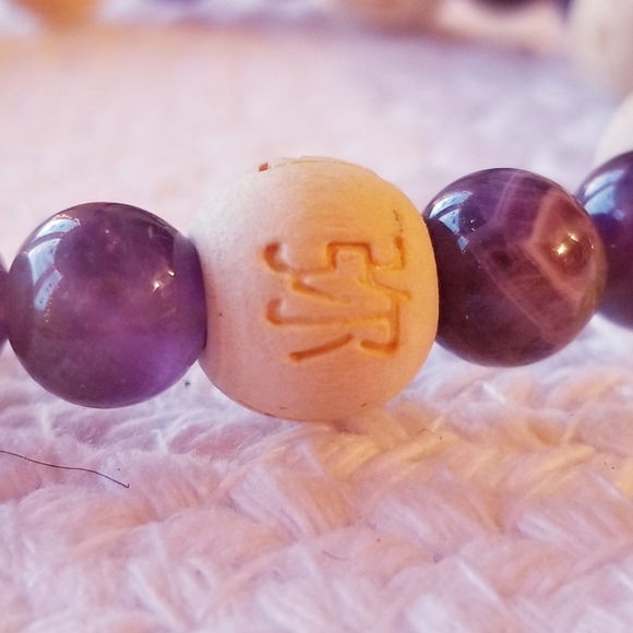 Amethyst and Wood Bead Vintage Elastic Bracelet Purple Wood Chinese Markings - Picture 7 of 11
